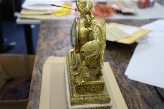 Viger of Paris. A Louis XVI ormolu and white marble mantel clock, height 14in.